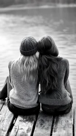Two Figures Seated on Weathered Dock Over Water.
