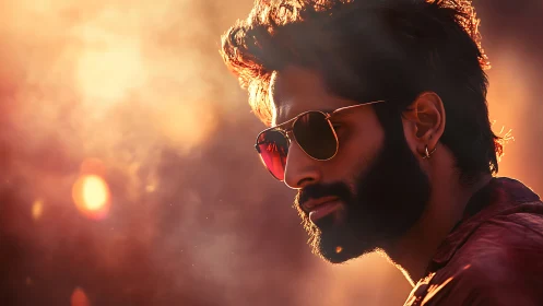 Cinematic backlit portrait in warm atmospheric haze lighting.