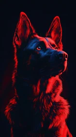 Loyal night watch dog glowing in vivid red light.