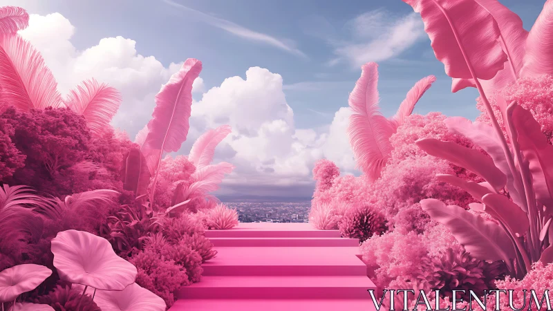 Cotton candy staircase rising through bubblegum jungle.