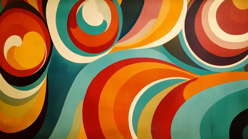 Curved retro waves explode in bold concentric color bands.