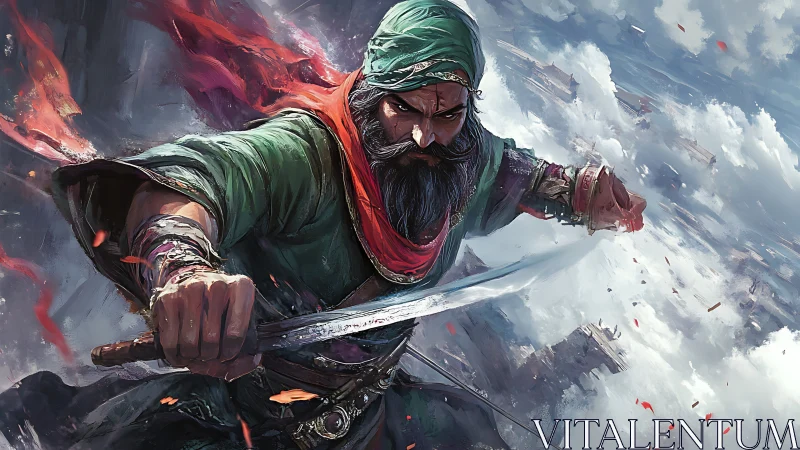 Battle-hardened warrior lunges forward with curved sword.