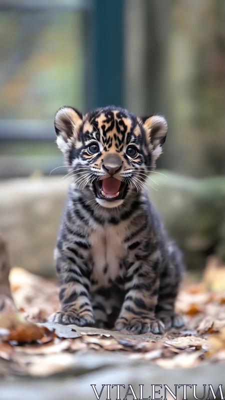 Leopard cub sits on autumn leaves, bright eyes, open mouth