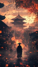 Autumn ember path to the silent pagoda at dusk.