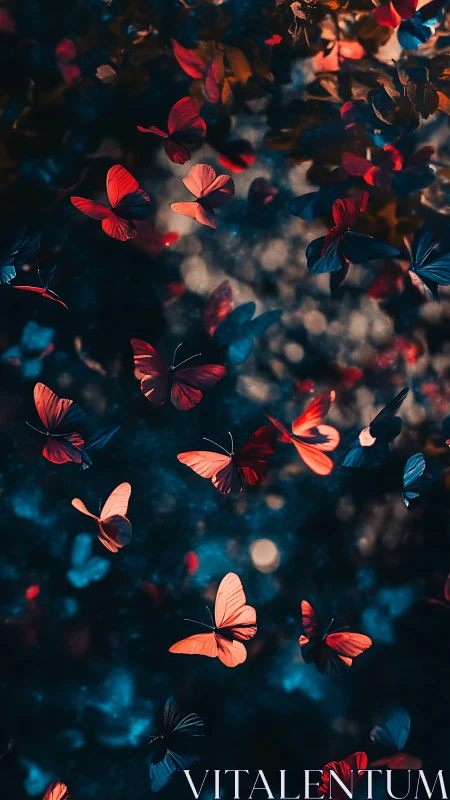 Velvet red butterflies drift gently through a twilight garden