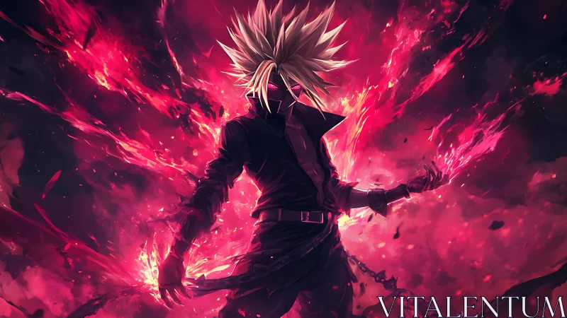 Infernal warrior in crimson flames with spiked hair unleashed.