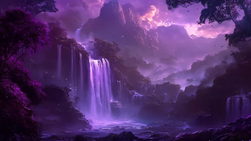 Violet fantasy waterfalls cascade through luminous misted valley