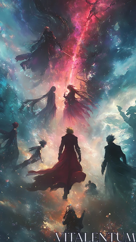 Vertical celestial duel in ethereal anime concept art composition.