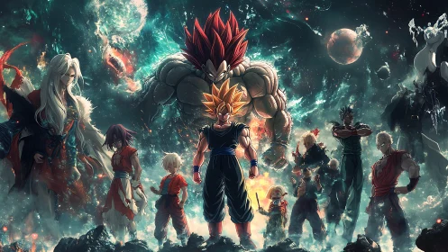 Cosmic warriors assemble beneath shattered nebula skies.