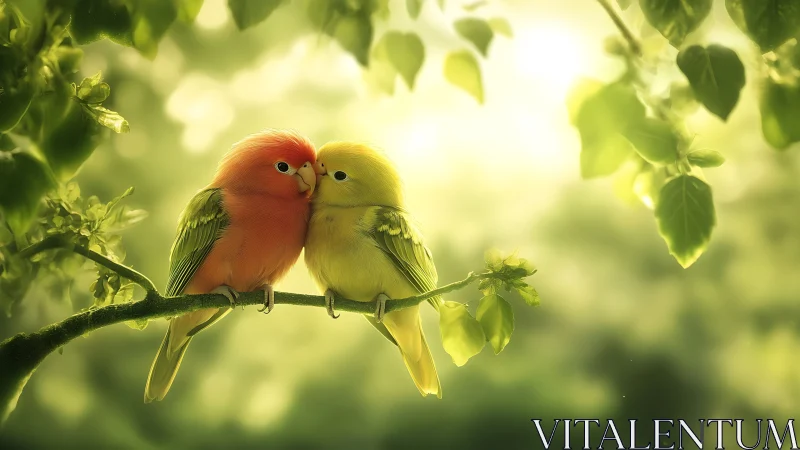 Two Colorful Lovebirds Cuddling on a Branch, Soft Nature Lighting.