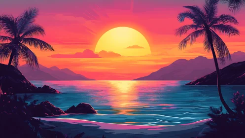 Neon tropic sunset cradles palm shore in electric calm.