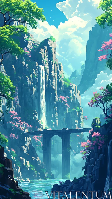 Sunlit stone bridge spans a tranquil waterfall canyon