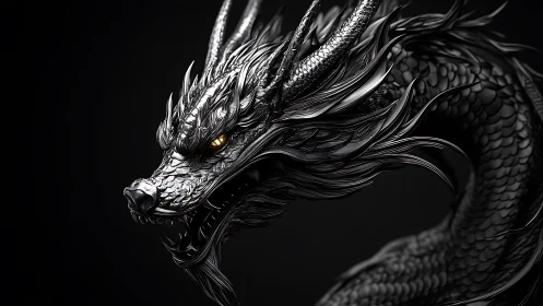 3D metallic dragon bust with coiled serpentine body on black.