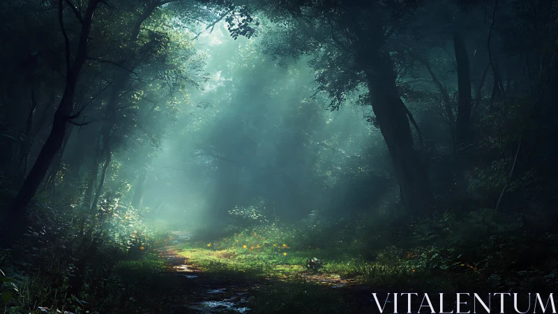 Enchanted Forest Path with Glowing Sunlight