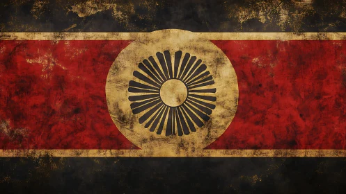 Worn red banner with golden sunburst emblem centered. Period.