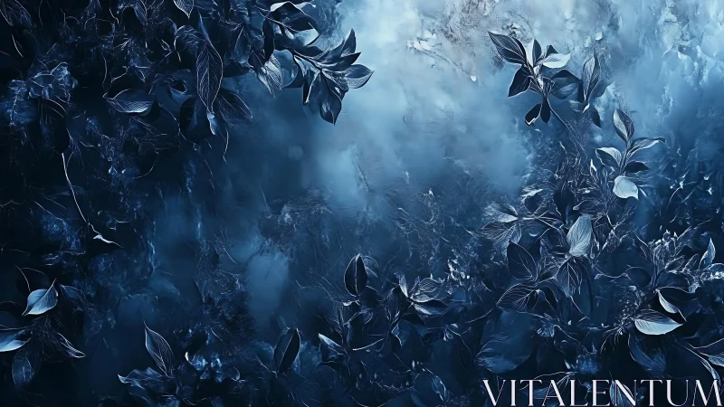 Midnight frost garden swirling through misty blue silence.