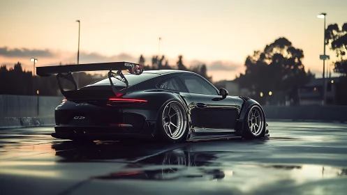 Widebody track car is parked on wet asphalt at dusk