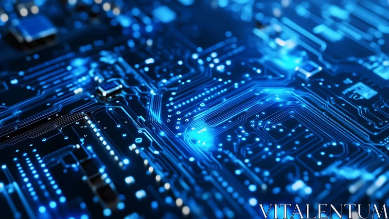 Blue illuminated motherboard traces form glowing data grid.