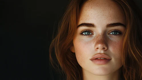 Quiet freckled portrait with luminous blue green eyes.