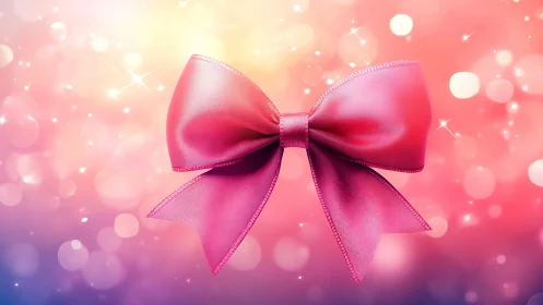 Pink ribbon bow on blurred multicolored bokeh backdrop.
