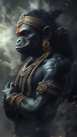 Mythic simian warrior rendered in baroque digital chiaroscuro.