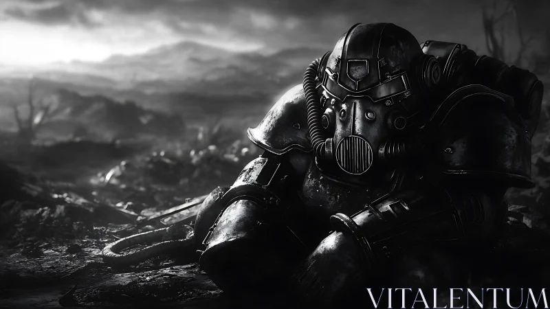 Steel-clad wanderer rests quietly in a ruined horizon hush