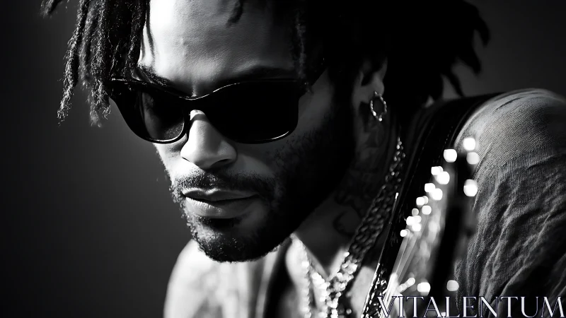 Monochrome portrait of stylish guitarist in dramatic low key