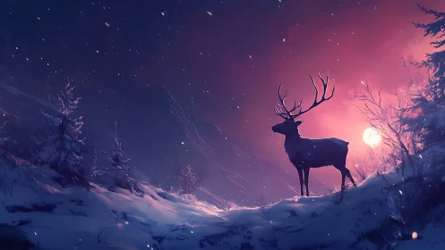 Silhouetted stag stands on snowy ridge under violet night sky