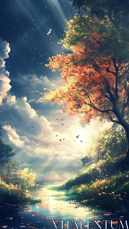 Sunlit river drifts beneath a riot of enchanted autumn leaves