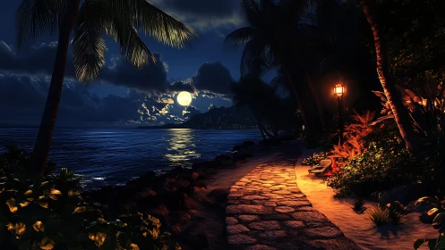 Tropical Beach at Moonlight with Illuminated Pathway.