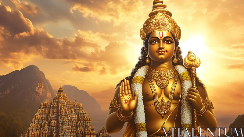 Golden Hindu deity rendering before sunlit temple complex.
