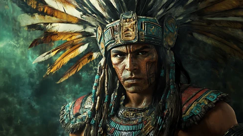 Warrior in ornate feathered headdress under cinematic lighting.