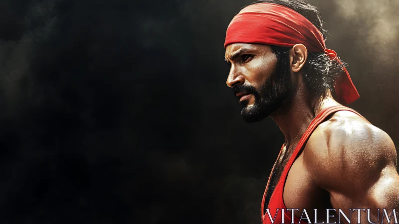 Determined athletic man in red bandana against dark background.