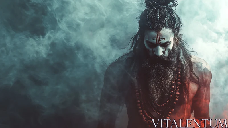 Topless bearded man with face paint stands in dense colored smoke