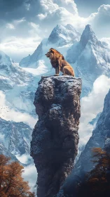 Majestic lion surveys icy mountain peaks in ethereal light