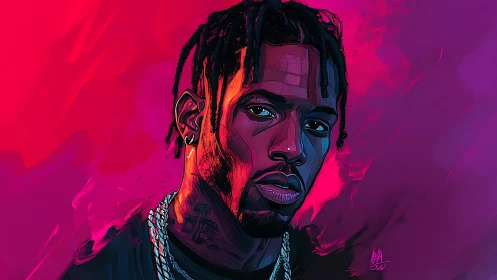 Neon-lit digital portrait uses hard-edge shading and split lighting