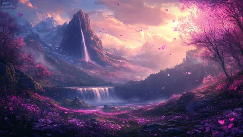 Digital landscape shows pink valley, waterfalls and high peaks