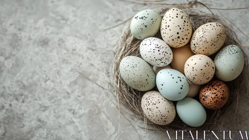Speckled pastel eggs rest softly in a rustic bird nest.