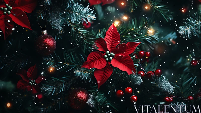 Red poinsettia and ornaments on illuminated fir branches.