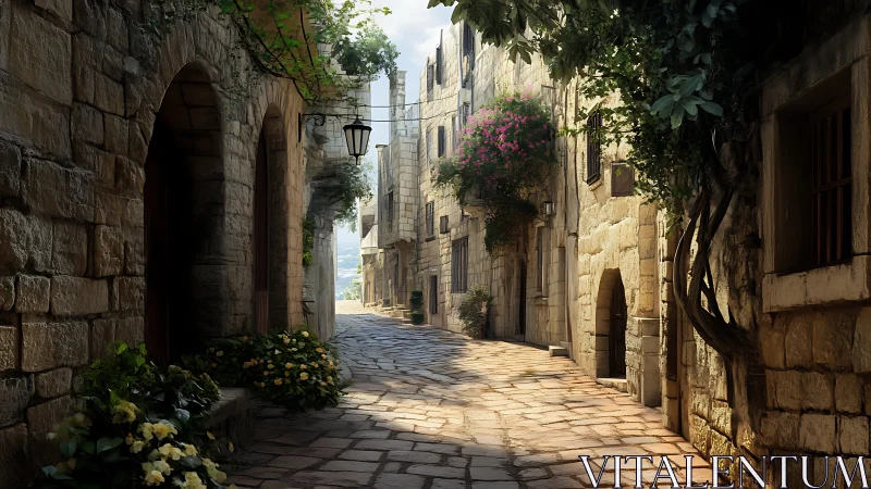 Sunlit stone alleyway where quiet blooms and cobbles glow.