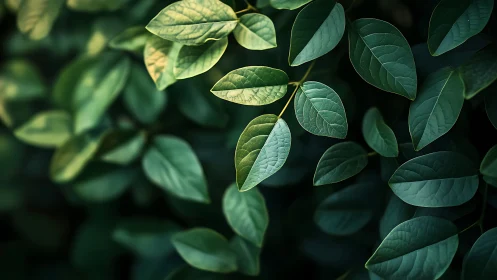 Green leaves catch directional light over dark foliage