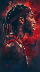 Profile portrait of basketball player in red abstract background.