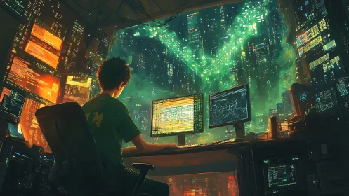 Solitary hacker monitors neon city data streams at night.