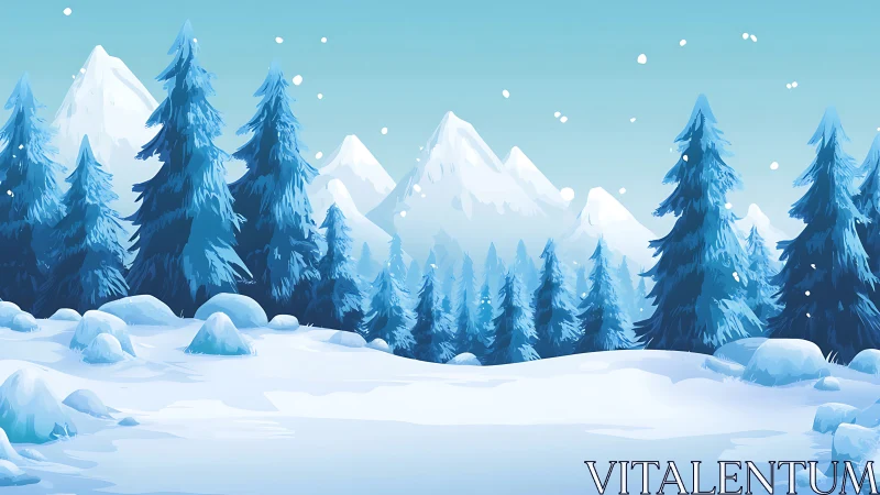 Snow covered conifer forest with distant mountain range.