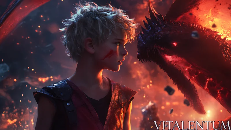 Cinematic 3D portrait of boy confronting fire dragon in lava field.