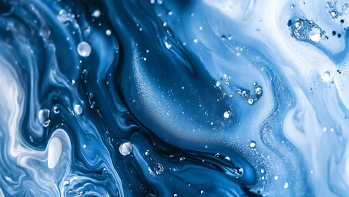Blue liquid abstract with swirling waves and droplets.
