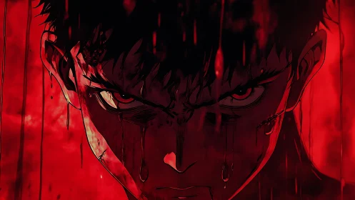 Blood-soaked anime glare captures raw rage in crimson light