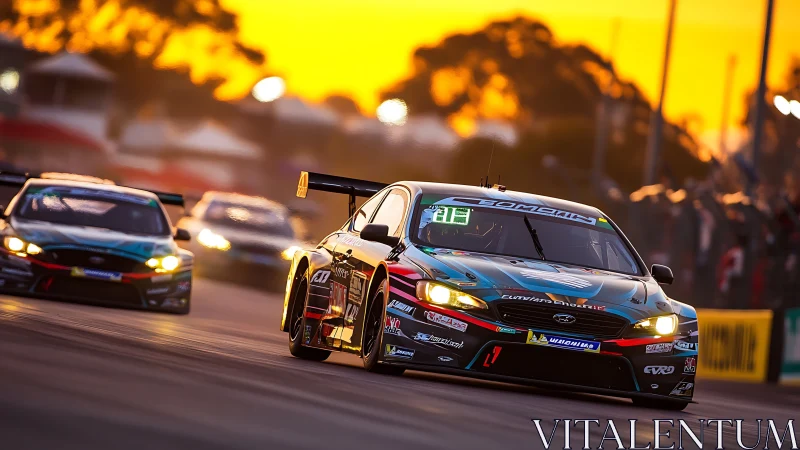 Supercars touring car battle under golden hour backlighting