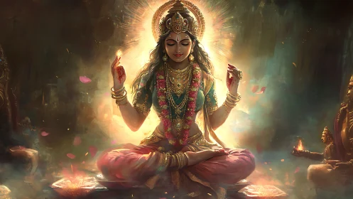 Radiant seated goddess in lotus pose with luminous aureole