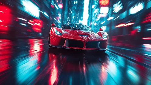 Red sports car on wet neon city street at high speed.